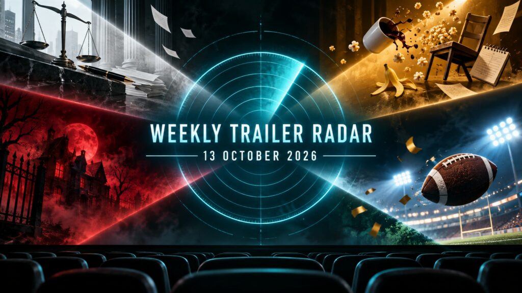 Cinematic radar illustration joining legal drama, satire, supernatural horror, golf comedy and science-fiction moods
