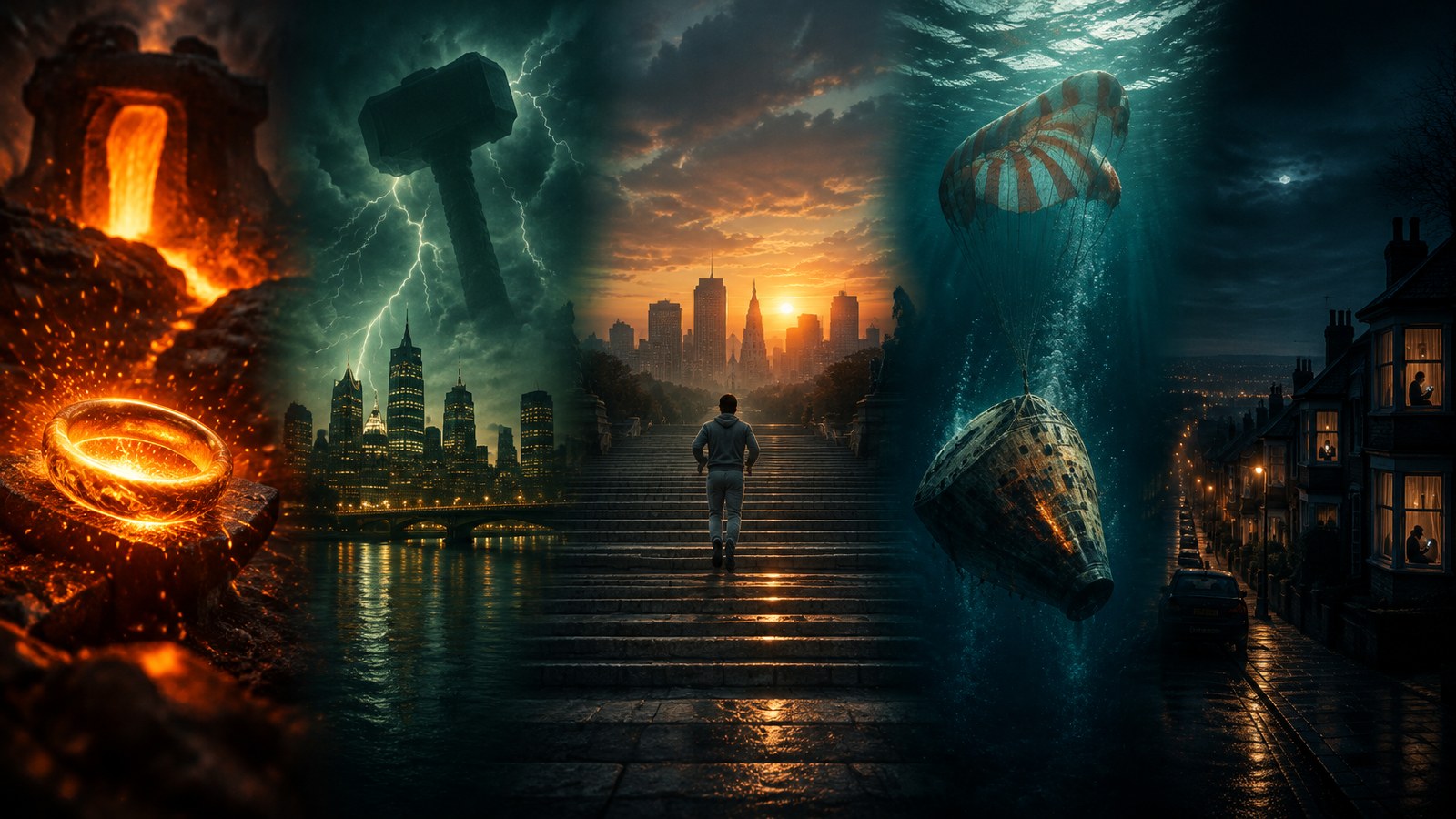 AI artwork panorama of five scenes: a glowing gold ring in a volcanic forge, a giant hammer above a storm-lit city, a runner on wide stone steps at dawn, a space capsule sinking under the sea and a rainy British street at night