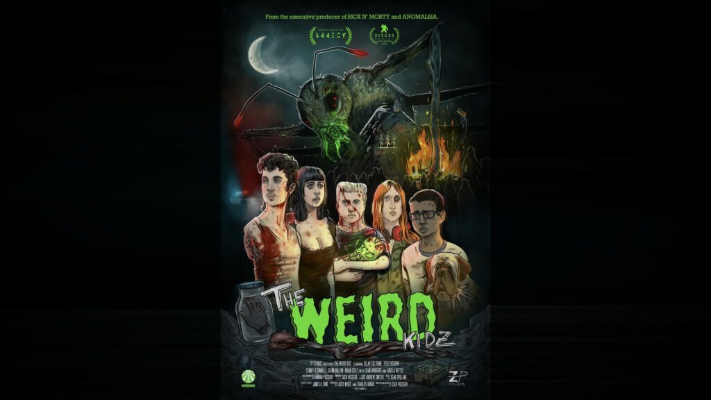 The Weird Kidz official poster showing the young campers beneath a giant insect-like creature, centred in a dark landscape frame