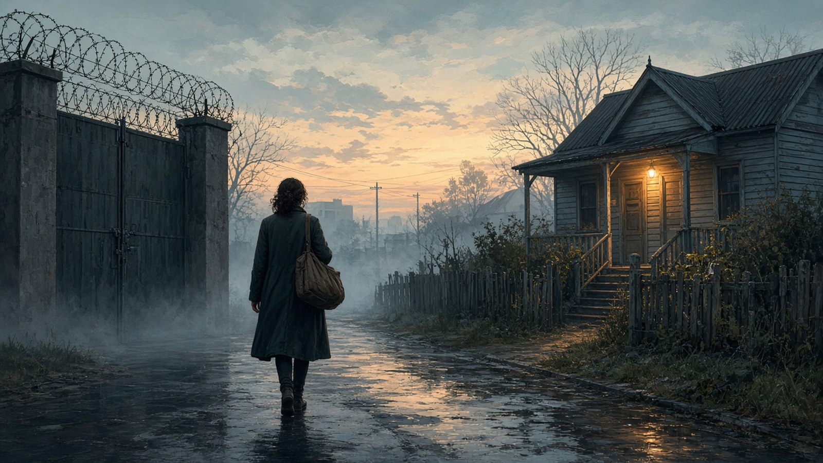 AI artwork: a woman with a duffel bag walks away from tall prison gates at dawn towards a run-down suburban house