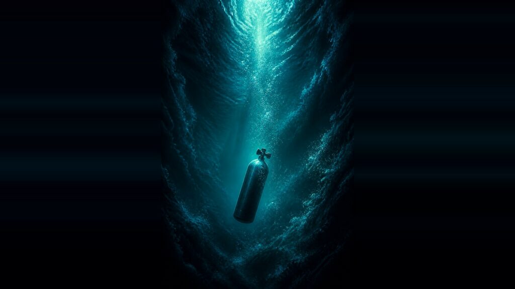 AI artwork of an anonymous diver beneath an immense whale in deep blue water