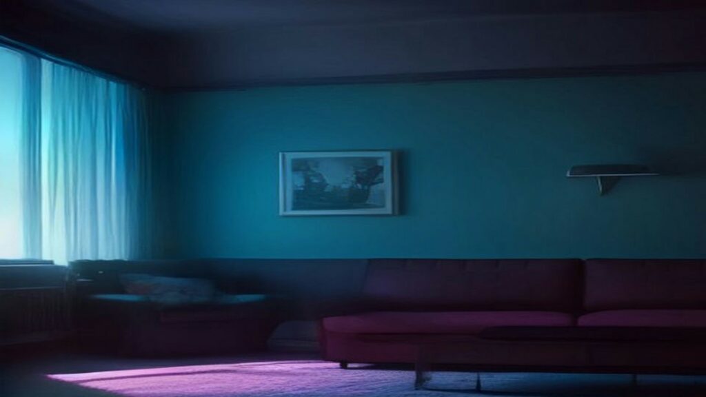 AI artwork of a dim living room at night with cyan and crimson television glow across an empty sofa