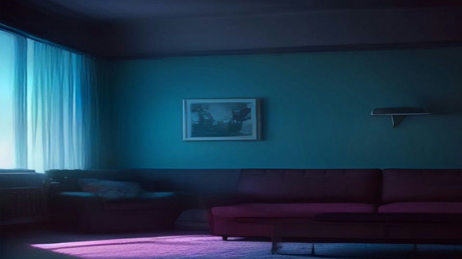 AI artwork of a dim living room at night with cyan and crimson television glow across an empty sofa