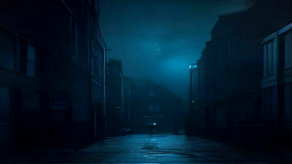 AI artwork of a rain-slicked British street at night under a misty teal sky
