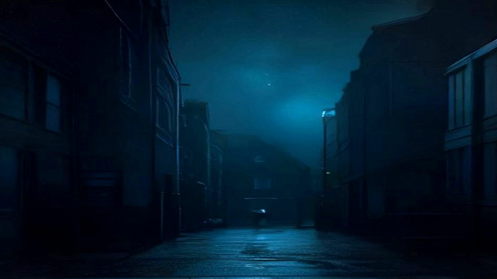 AI artwork of a rain-slicked British street at night under a misty teal sky