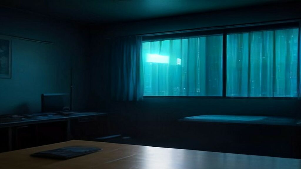 AI artwork of a dark room at night, a single folder on a table and cold blue light glowing through a rain-streaked, curtained window
