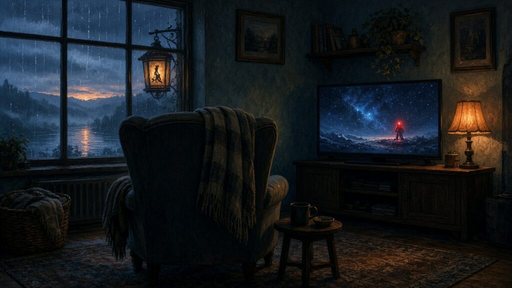 AI artwork of an empty armchair in a lamplit living room at night, a starry sci-fi scene on the television and a rainy river at dusk through the window