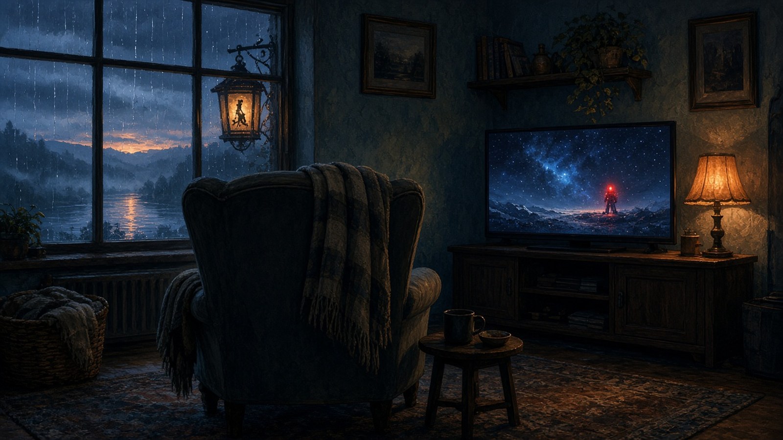 AI artwork of an empty armchair in a lamplit living room at night, a starry sci-fi scene on the television and a rainy river at dusk through the window