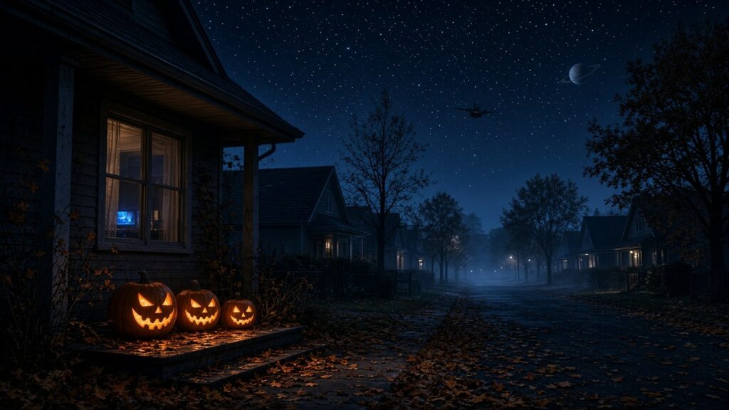 AI artwork of a misty suburban street at night in late October, with carved pumpkins glowing on a porch and a television flickering in a front window under a starry sky