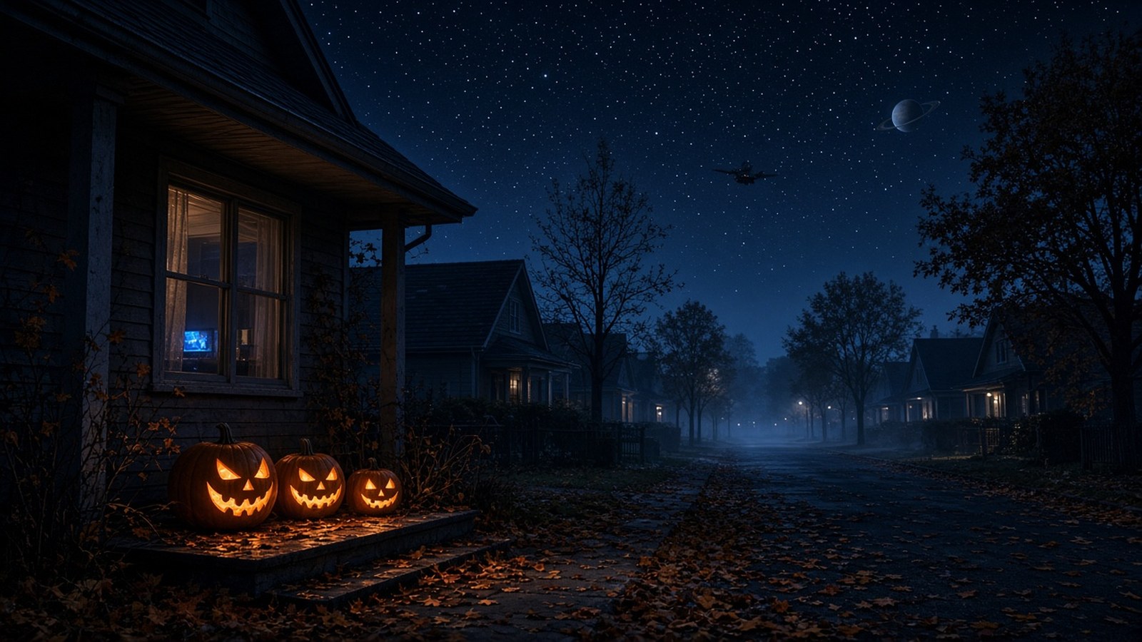 AI artwork of a misty suburban street at night in late October, with carved pumpkins glowing on a porch and a television flickering in a front window under a starry sky
