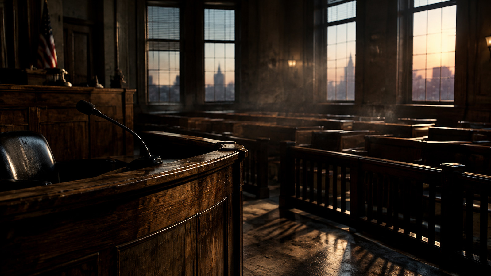 AI artwork: an empty wood-panelled courtroom witness stand lit by low sunlight through tall windows