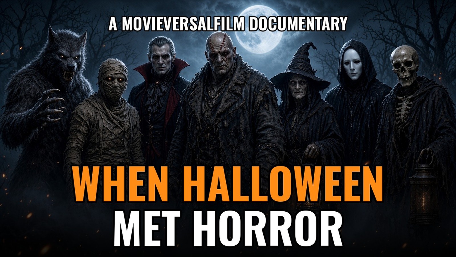 AI artwork from the Movieversalfilm documentary When Halloween Met Horror: a line-up of original monsters, including a werewolf, a mummy, a vampire, a stitched giant, a witch, a masked figure and a skeleton, under a full moon