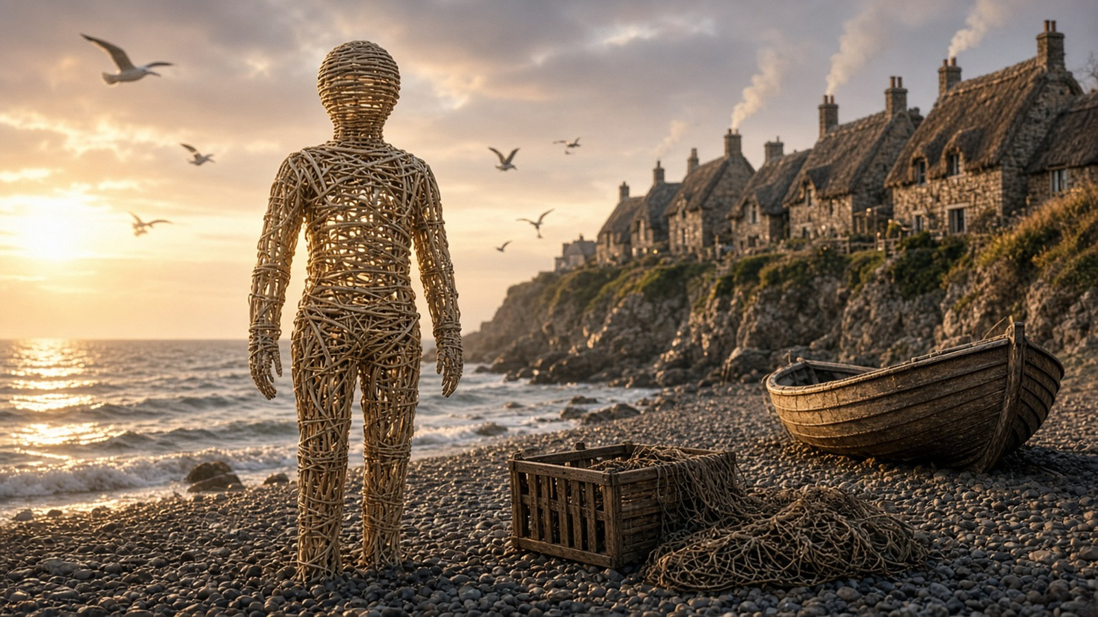 AI artwork of a life-size man woven from pale willow standing on a pebble beach beside a fishing basket and nets, looking out to sea at golden hour below a cliff-top village of thatched cottages
