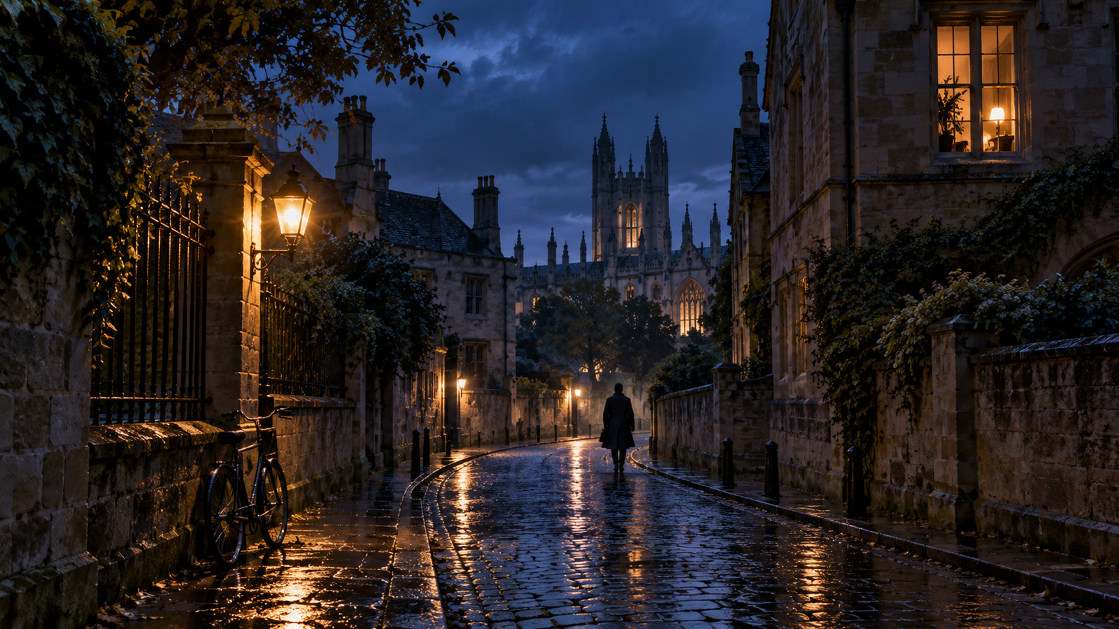 Symbolic illustration of a solitary figure in a rain-soaked university town