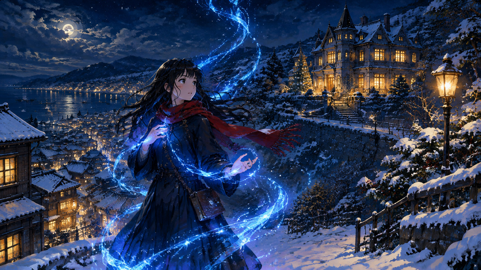 AI artwork: a teenage girl in a red scarf stands in a snowy hillside town at night as swirling blue magic rises around her, with a lit mansion above