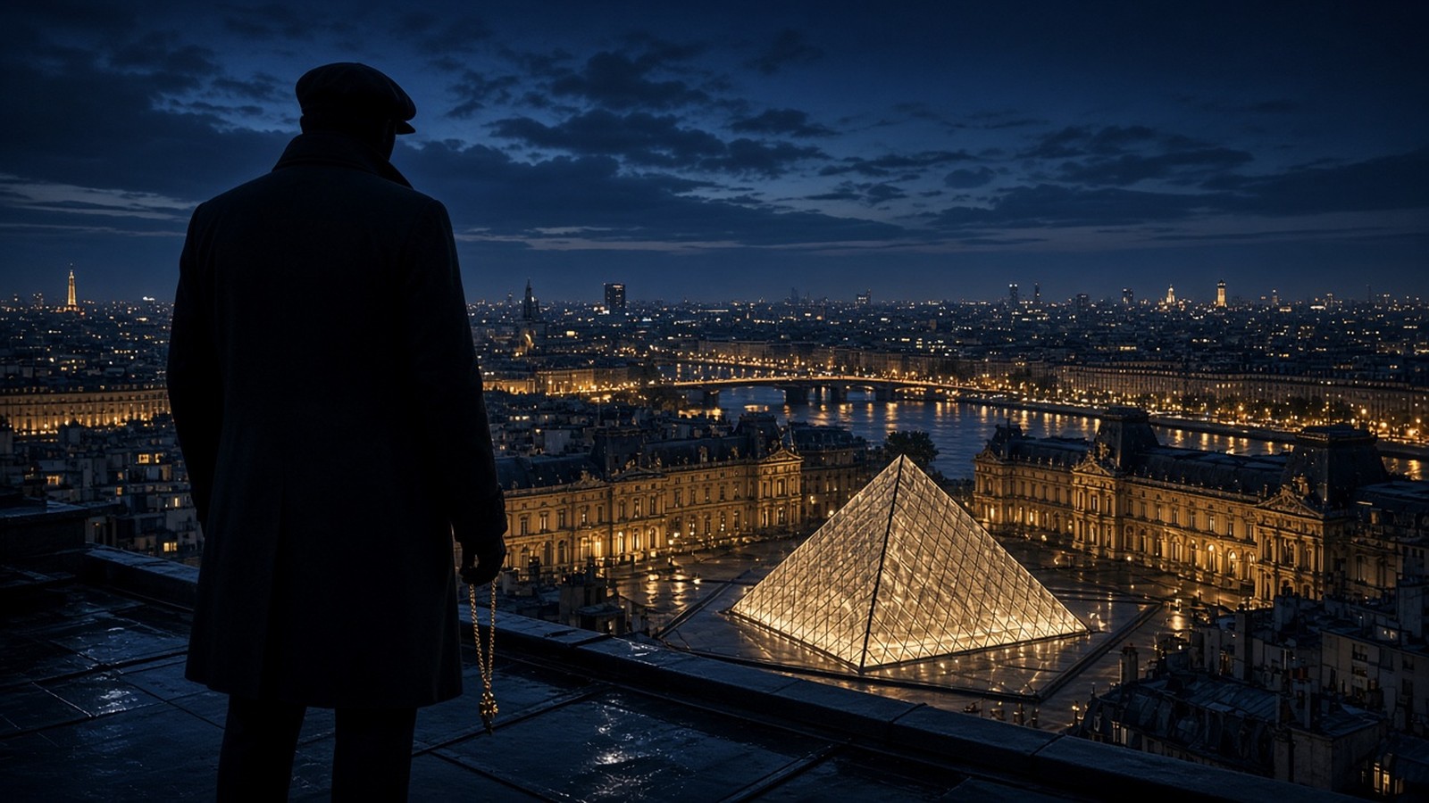AI artwork of a silhouetted gentleman thief in a flat cap on a Paris rooftop at night overlooking the illuminated Louvre pyramid and the Seine, evoking Lupin part four