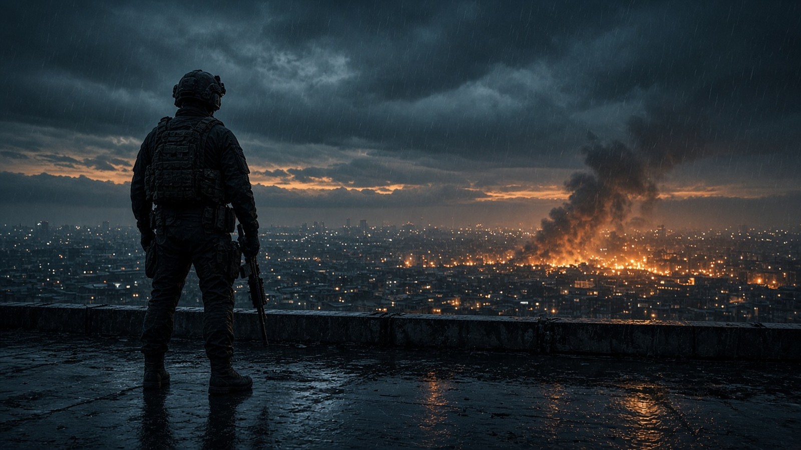 AI artwork of an armed soldier in silhouette on a rain-soaked rooftop watching smoke rise from a burning city at dusk, evoking The Terminal List season two