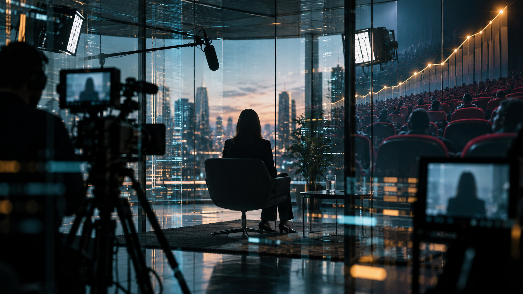Original editorial illustration of an anonymous documentary interview subject framed by cameras, glass reflections and a rising cinema chart.