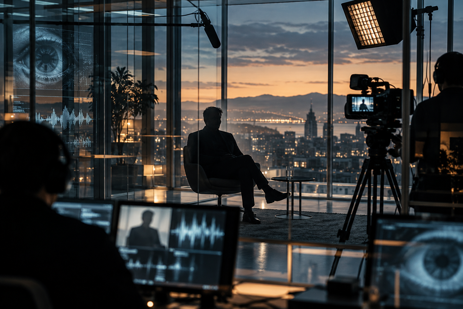 Original editorial illustration of an anonymous interview subject observed through cameras and layered glass in a technology office.