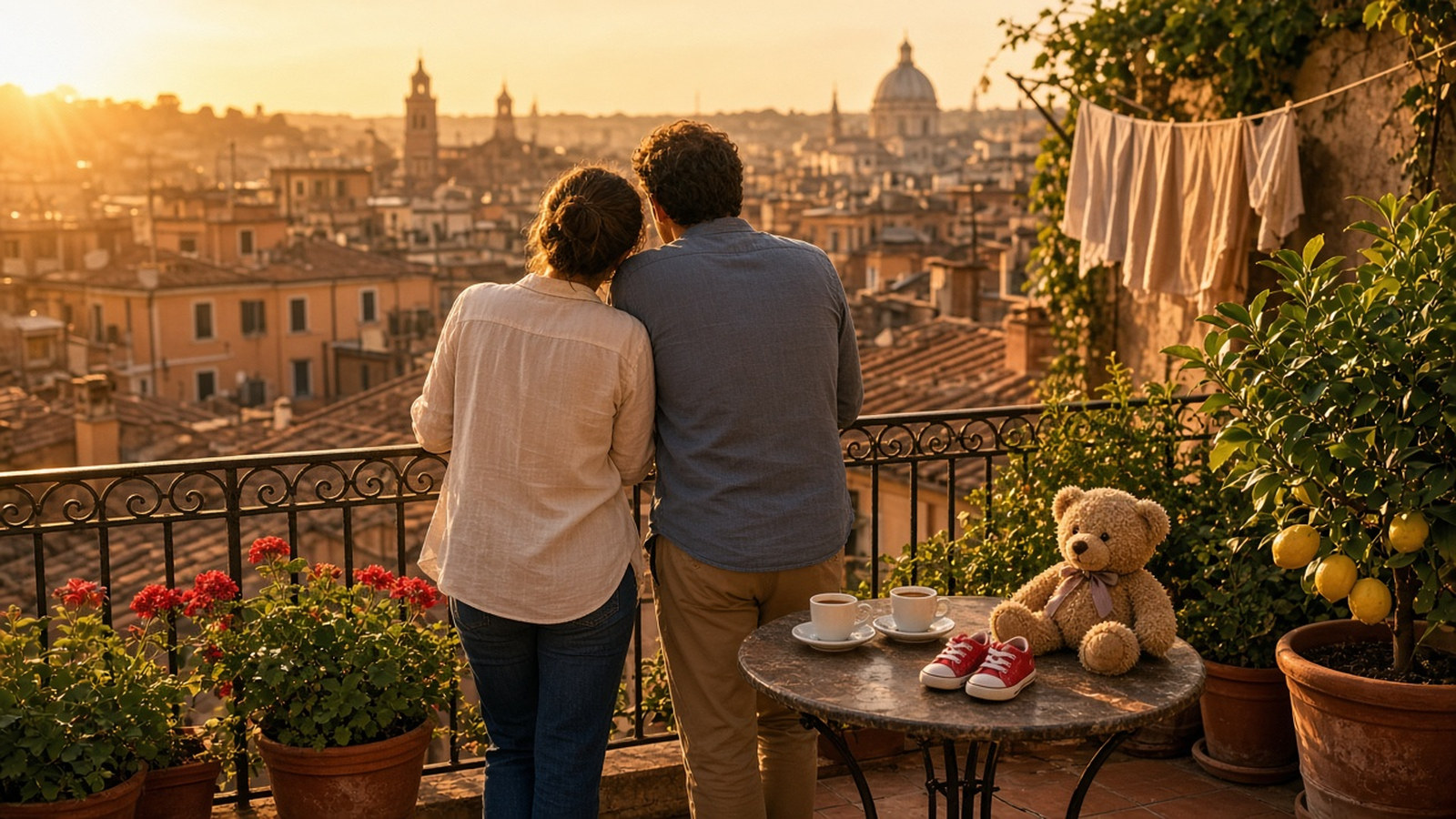 AI artwork of a man and a woman seen from behind on a sunlit Roman apartment terrace at golden hour, leaning on the railing over terracotta rooftops and church domes, with a small pair of child’s shoes and a teddy bear on a café table beside them