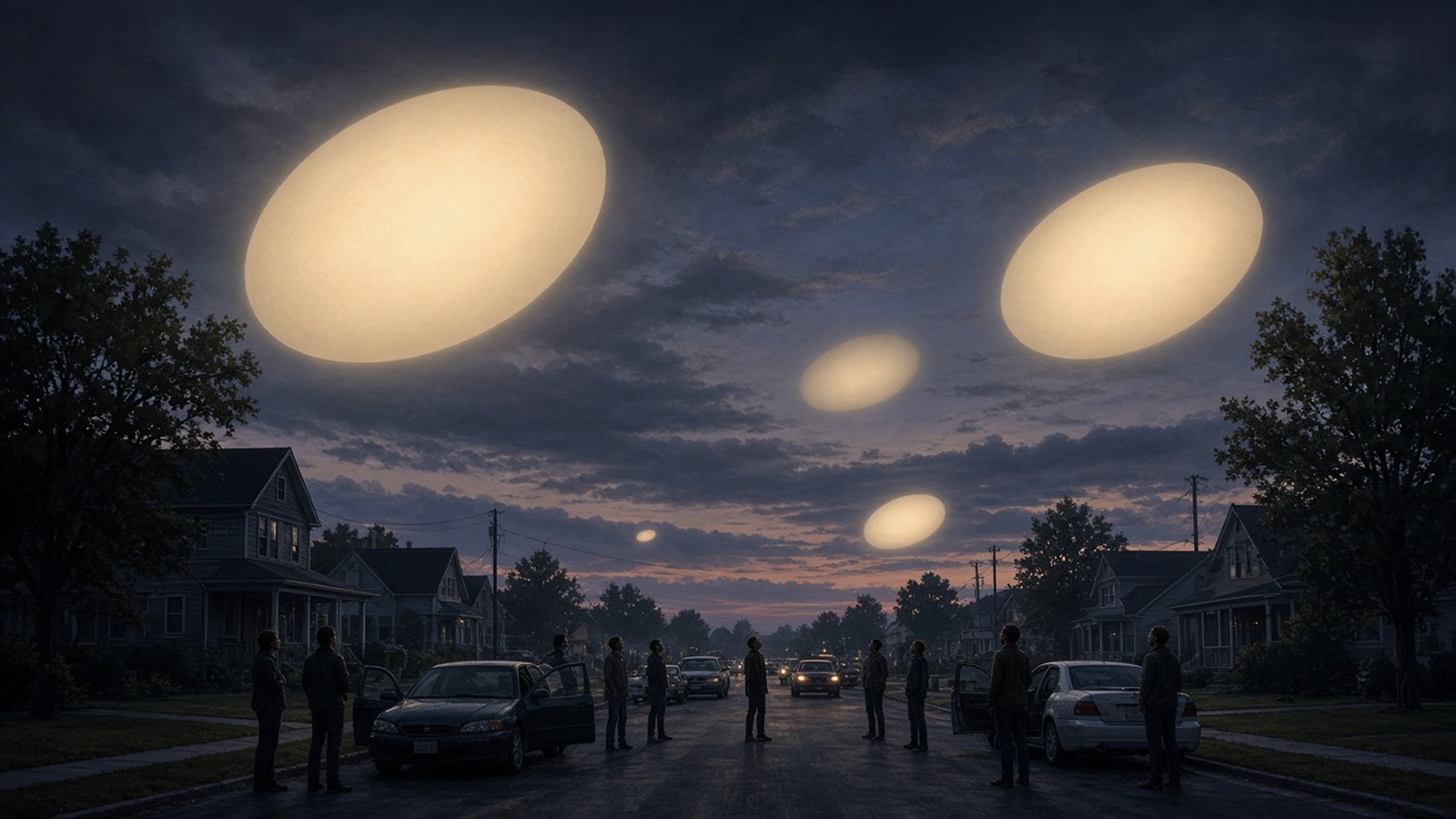 AI artwork of people standing in a suburban street at dusk staring up at glowing ovals hanging in the sky
